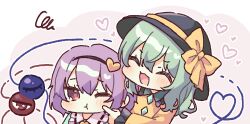  2girls :3 :d :t ^_^ black_hairband black_hat blush bow closed_eyes hairband hat hat_bow hayu_(hayu_e) heart heart_of_string index_finger_raised komeiji_koishi komeiji_satori medium_hair multiple_girls open_mouth purple_hair red_eyes short_hair siblings sisters smile squiggle third_eye touhou upper_body yellow_bow 