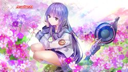  1girl angel_beats! black_shoes blue_skirt closed_mouth commentary copyright_logo copyright_notice cosmos_(flower) day english_commentary field flower flower_field full_body hair_between_eyes heaven_burns_red highres holding holding_flower irie_miyuki key_(company) kneehighs light_smile loafers logo long_hair long_sleeves looking_at_flowers miniskirt official_art official_wallpaper outdoors pink_flower purple_flower purple_hair shinda_sekai_sensen_uniform shirt shoes sidelocks skirt socks solo squatting sunlight thighs very_long_hair violet_eyes weapon white_flower white_shirt white_socks 