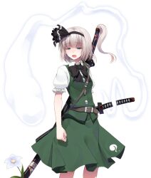  1girl belt belt_buckle black_hairband black_ribbon blue_eyes bow breasts buckle buttons commentary_request crote green_skirt green_vest grey_hair hairband half-closed_eyes highres holding holding_sword holding_weapon katana konpaku_youmu konpaku_youmu_(ghost) large_variant_set neck_ribbon puffy_sleeves ribbon short_hair simple_background skirt skirt_set small_breasts solo standing sword touhou transparent_background variant_set vest weapon 