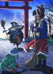  3girls ^_^ black_hair black_hat blonde_hair blue_scarf bow broom closed_eyes commentary_request dusk frilled_bow frilled_hair_tubes frilled_skirt frills green_hair hair_bow hair_tubes hakurei_reimu hat highres holding holding_broom inuno_rakugaki kirisame_marisa komano_aunn leaf looking_at_another mittens multiple_girls nontraditional_miko open_mouth outdoors red_bow red_skirt scarf skirt standing torii touhou winter_clothes witch_hat yellow_scarf 