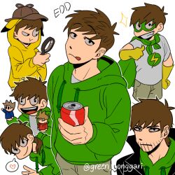  1girl 5boys :d animification antenna_hair artist_name beard_stubble black_coat black_eyes breasts brown_hair brown_hat can cape character_doll character_name coat cola commentary_request cosplay crazy crazy_smile detective_pikachu_(character) detective_pikachu_(character)_(cosplay) detective_pikachu_(series) doll domino_mask drawstring drink drink_can edd_(eddsworld) eddsworld ell_(eddsworld) eye_mask facial_hair flat_color future_edd_(eddsworld) genderswap genderswap_(mtf) gloves green_cape green_hoodie green_mask green_pants green_yonggari hair_behind_ear hand_puppet hat heart high_collar holding holding_can holding_drink holding_magnifying_glass hood hood_down hood_up hoodie kigurumi korean_commentary long_hair long_sleeves looking_at_viewer low_ponytail magnifying_glass male_focus mask medium_breasts multiple_boys multiple_persona official_alternate_costume pants pikachu pikachu_(cosplay) pointing pointing_at_self pokemon ponytail print_shirt puppet scene_reference shirt short_hair short_sleeves side_ponytail simple_background smile sparkle spoken_heart stubble superhero_costume swept_bangs tom_(eddsworld) tongue tongue_out tord_(eddsworld) uneven_eyes waving white_background yellow_gloves 