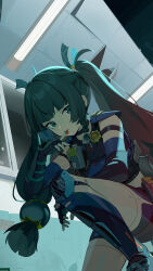  1girl android black_gloves braid closed_mouth commentary fingerless_gloves gloves green_eyes green_hair hair_ornament hand_up highres holster indoors long_hair looking_at_viewer official_art on_one_knee police police_uniform policewoman qingyi_(zenless_zone_zero) shoulder_holster side_braids sidelocks solo tongue twintails zenless_zone_zero 