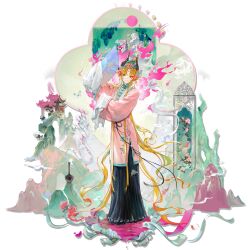  1girl aoqun aqua_flower aqua_shirt architecture arknights black_skirt blonde_hair bug butterfly butterfly_hair_ornament chinese_clothes closed_mouth cone_hair_bun demon_girl demon_horns dragon east_asian_architecture eastern_dragon fire floral_print flower full_body gem hair_bun hair_flower hair_ornament hairband hand_fan hanfu highres holding holding_fan horin_(horin_xi) horns huadian light_smile long_hair long_sidelocks long_skirt looking_to_the_side mandarin_collar moon_phases mountain official_alternate_costume official_art on_water orange_eyes paper_fan parted_bangs petals philae_(an_opera_of_flowers)_(arknights) philae_(arknights) pink_flower pink_hairband pink_robe pink_water pleated_skirt red_gem robe shirt sidelocks skirt solo standing tachi-e third-party_source transparent_background tree vase very_long_hair very_long_sidelocks wide_sleeves 