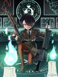  1girl absurdres black_hair black_nails black_necktie black_shoes breasts brown_eyes brown_pantyhose collared_shirt commentary english_commentary gun hair_over_one_eye high_heels highres holding holding_gun holding_weapon large_breasts looking_at_viewer necktie nico_jiang on_one_knee pantyhose parted_lips shirt shoes short_hair smile solo trigger_discipline we_love_cold_war weapon white_shirt 