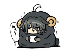  1girl ahoge animal_costume black_hair black_sheep blush_stickers chibi closed_eyes cup eyes_visible_through_hair facing_viewer full_body hair_between_eyes highres horns kawamochi_(kawauti919) manhattan_cafe_(umamusume) mug multicolored_hair open_mouth shadow sheep_costume sheep_horns simple_background solo translation_request two-tone_hair umamusume white_background white_hair 