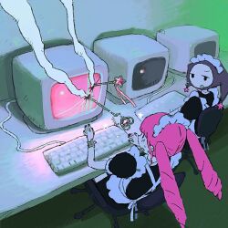  2girls at_computer black_dress chair computer_keyboard crt dress highres long_hair looking_at_another looking_to_the_side maid maid_headdress monitor multiple_girls office_chair original pink_hair puffy_short_sleeves puffy_sleeves ru-neo_(neoru18436) short_sleeves sitting smoke swivel_chair twintails wand 