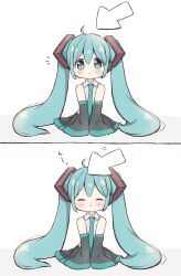  1girl absurdres ahoge aqua_eyes aqua_hair aqua_necktie bare_shoulders black_skirt black_sleeves blush closed_eyes closed_mouth collared_shirt commentary_request cursor deformed detached_sleeves facing_viewer grey_background grey_shirt hair_between_eyes hair_ornament hairclip hand_on_ground hatsune_miku headpat highres hitode long_hair long_sleeves looking_at_viewer miniskirt necktie pleated_skirt shirt sidelocks sitting skirt sleeveless sleeveless_shirt sleeves_past_fingers sleeves_past_wrists solo straight-on striped_clothes striped_skirt striped_sleeves twintails two-tone_background very_long_hair vocaloid waiting_for_headpat white_background 