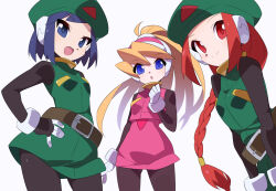  3girls beret black_bodysuit blonde_hair blue_eyes blue_hair bodysuit braid brown_eyes brown_hair ciel_(mega_man) commentary_request cowboy_shot dress green_dress green_hat group_picture hat high_ponytail kaidou_zx long_hair mega_man_(series) mega_man_zero_(series) multiple_girls pink_shirt pink_skirt ponytail robot_ears shirt short_hair simple_background skirt smile unnamed_female_soldier_(mega_man_zero) white_background 
