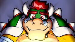  1boy bandages blonde_hair bowser male_focus mario_&amp;_luigi:_bowser's_inside_story mario_&amp;_luigi_rpg natsukothemun red_eyes red_hair solo spiked_shell spikes spiky_hair super_mario_bros. tearing_up tears turtle_boy turtle_shell 