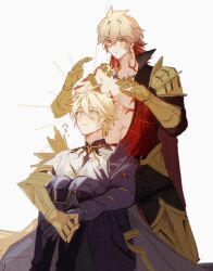  2boys ? alternate_form arm_tattoo armlet black_coat black_pants blonde_hair blush braid cape chest_tattoo clawed_gauntlets coat commentary_request cracked_skin earrings facial_tattoo ggtnnk gold_earrings gold_necklace gradient_hair highres honkai:_star_rail honkai_(series) jewelry leg_armor male_focus material_growth medium_hair multicolored_hair multiple_boys mydei_(honkai:_star_rail) necklace open_clothes open_coat pants phainon_(honkai:_star_rail) phainon_(khaslana)_(honkai:_star_rail) red_cape red_hair red_tattoo short_hair side_braid sitting spiky_hair tattoo yellow_eyes 