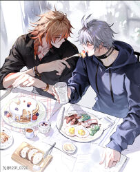  2boys alternate_costume antenna_hair arm_tattoo bacon black_choker black_shirt blonde_hair blue_hoodie blush braid chest_tattoo chinese_commentary choker closed_eyes collarbone collared_shirt commentary_request cup egg_(food) facial_tattoo feeding food gradient_hair holding holding_cup holding_food honkai:_star_rail honkai_(series) hood hood_down hoodie long_sleeves male_focus medium_hair multicolored_hair multiple_boys mydei_(honkai:_star_rail) neck_tattoo np_(1231_0720) pancake pancake_stack phainon_(honkai:_star_rail) red_hair red_tattoo shirt short_hair side_braid sitting sun_symbol sun_tattoo tattoo twitter_username white_hair yellow_eyes 