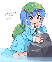  1girl ? backpack bag blue_boots blue_eyes blue_hair blue_shirt blue_skirt boots commentary_request dated green_bag green_hat hair_bobbles hair_ornament hat highres holding holding_wrench jewelry kawashiro_nitori key key_necklace kneeling looking_at_viewer necklace nitori_day open_mouth ramudia_(lamyun) rubber_boots shirt signature simple_background skirt smile solo touhou translation_request two_side_up water white_background wrench 