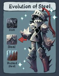  1girl age_progression animated animated_gif armor black_skin closed_eyes closed_mouth colored_skin english_text feefal full_body grey_skin hat knight metal_skin monster_girl old old_woman original pauldrons personification rust shoulder_armor simple_background smile sparkle standing sword weapon 