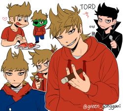  1girl 5boys :| amputee animification annoyed antenna_hair artist_name bacon bags_under_eyes bandage_on_cheek bandaged_neck bandages black_coat black_eyes black_hair black_shoes blue_coat blue_pants brown_hair character_name cigar closed_mouth coat colored_skin commentary_request drawstring eddsworld english_text expressionless fang flipped_hair food fork genderswap genderswap_(mtf) green_skin green_yonggari grin hair_behind_ear hair_bobbles hair_ears hair_ornament hand_in_pocket heart high_collar holding holding_cigar holding_fork holding_spoon hood hood_down hoodie jitome korean_commentary long_hair long_sleeves looking_at_food looking_at_viewer male_focus missing_eye multiple_boys multiple_persona official_alternate_costume own_hands_together pants plain_epaulettes plate prototype_design red_army_logo_(eddsworld) red_hoodie red_leader_(eddsworld) red_shirt shirt shoes short_hair short_sleeves simple_background smile spoon tongue tongue_out toon_(style) tord_(eddsworld) tori_(eddsworld) trench_coat white_background zombie 
