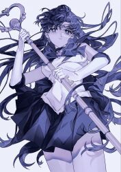  bishoujo_senshi_sailor_moon black_choker choker closed_mouth elbow_gloves garnet_rod gloves hair_bun highres hn_sit holding long_hair looking_at_viewer meiou_setsuna monochrome sailor_collar sailor_pluto sailor_senshi_uniform shirt single_hair_bun white_gloves white_shirt 