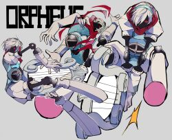  1boy absurdres aqua_hairband character_name hairband harp highres instrument male_focus multiple_views no_humans orpheus_(persona) persona persona_(summon) persona_3 red_eyes red_scarf robot_boy scarf teketeke_(tasutekete) white_background white_hair 