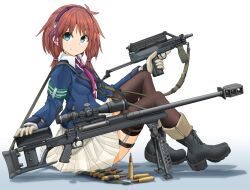  1girl anti-materiel_rifle aqua_eyes ar-50 armband black_boots black_thighhighs blue_hairband blue_jacket boots brown_hair bullet closed_eyes commentary_request dress_shirt english_commentary gloves green_armband gun hair_tie hairband highres holding holding_gun holding_weapon jacket legwear_garter long_sleeves looking_at_viewer low_twintails mac-10/11 medium_hair mikeran_(mikelan) miniskirt mixed-language_commentary necktie original pleated_skirt purple_necktie revision rifle school_uniform scope shadow shirt sitting skirt smile sniper_rifle solo submachine_gun tactical_school_uniform thigh-highs thigh_strap trigger_discipline twintails weapon white_background white_gloves white_shirt white_skirt wing_collar 