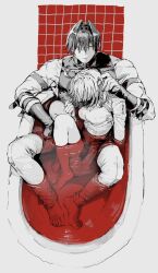  1boy 1girl armband bath bath_of_blood blood fate/grand_order fate_(series) fujimaru_ritsuka_(female) full_body greyscale hair_intakes harada_sanosuke_(fate) highres in_bathtub medium_hair monochrome multiple_scars pants scar shirt short_hair sitting sitting_between_legs sleeveless spot_color walk_inari 