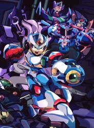  5boys absurdres arm_cannon armor character_request facial_hair forehead_jewel group_picture helmet highres male_focus mega_man_(series) mega_man_x3 mega_man_x_(series) multiple_boys mustache purple_armor purple_helmet saturnserkel third_armor_x_(mega_man) weapon white_armor white_helmet x_(mega_man) zero_(mega_man) 