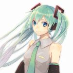  1girl bare_shoulders blue_eyes bust detached_sleeves green_hair hatsune_miku io_(sinking=carousel) long_hair necktie simple_background smile solo twintails vocaloid white_background 