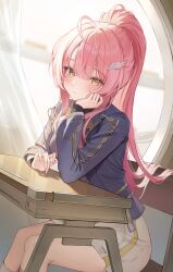  1girl absurdres aemeath_(wuthering_waves) ahoge breasts closed_mouth commentary desk dress feet_out_of_frame fingernails hair_ornament hand_up highres indoors jacket long_hair long_sleeves looking_at_viewer medium_breasts nurie6351 official_alternate_costume orange_eyes pink_hair ponytail purple_jacket school_desk sitting solo star-shaped_pupils star_(symbol) symbol-shaped_pupils white_dress wuthering_waves 