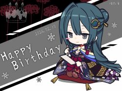  1girl artist_name assault_lily birthday_cake black_background blue_hair blunt_ends blush_stickers braid brown_pantyhose cake calligraphy_brush choker closed_mouth commentary cushion dated drill_hair drill_sidelocks floral_background floral_print flower flower_symbol food full_body grey_background grey_eyes hair_bun hair_ornament hair_stick half_updo hands_up happy_birthday holding holding_calligraphy_brush holding_paintbrush holding_paper hotaru_(ultraroly_poly) japanese_clothes kimono kojima_nadeshiko long_hair long_sleeves looking_at_object mole mole_under_eye paintbrush pantyhose paper print_kimono purple_kimono red_choker ribbon_choker ring_hair_ornament seiza side_braid sidelocks single_braid single_hair_bun sitting solo spider_lily very_long_hair white_background wide_sleeves zabuton 