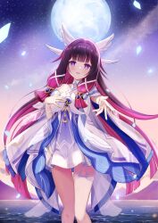  1girl arm_ribbon bare_shoulders black_hair blush columbina_(genshin_impact) dress falling_petals feet_out_of_frame full_moon genshin_impact gradient_hair hair_ribbon hand_on_own_chest hashtag-only_commentary head_wings highres long_hair looking_at_viewer moon motoi_ayumu multicolored_hair open_mouth outdoors petals purple_hair purple_streaks reaching reaching_towards_viewer ribbon sky smile solo star_(sky) thigh_strap two-tone_hair very_long_hair violet_eyes white_dress white_ribbon white_wings wings 