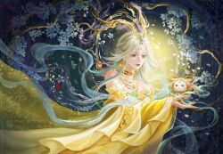  1girl :3 absurdres animal antlers bare_shoulders blue_background blue_eyes blue_flower blue_gem branch brown_eyes cat chinese_clothes chinese_commentary choker chroma's_mortal_heart_(infinity_nikki) circlet cloak closed_mouth clothed_animal collarbone colored_eyelashes commentary_request commission cowboy_shot deer_antlers detached_sleeves dress ear_covers earrings expressionless facial_mark flower forehead_mark gem gold_choker gold_circlet gold_earrings gold_necklace gradient_eyes hagoromo highres hitodama holding holding_animal holding_cat hood hood_up hooded_cloak horns infinity_nikki jewelry lipstick long_hair long_sleeves looking_at_animal makeup momo_(nikki) multicolored_eyes necklace nikki_(series) official_alternate_costume red_lips sample_watermark shawl signature strapless strapless_dress sun too_many_watermarks very_long_hair violet_eyes watermark whiskers white_cat white_hair wide_sleeves yellow_4 yellow_cloak yellow_dress yellow_horns yellow_sleeves zhuoguidaxia 