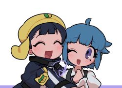  1boy 1girl black_hair blue_hair blunt_bangs blush closed_eyes commentary hat highres keroro_gunsou nishizawa_momoka one_eye_closed open_mouth personification short_hair smile tamama untranslatable_commentary violet_eyes 