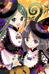  2girls :d apron bib_collar black_dress black_hat blunt_ends brown_hair candy closed_mouth commentary_request dress food frilled_apron frilled_shirt_collar frills green_eyes halloween halloween_bucket hat hat_ribbon highres holding holding_halloween_bucket katsuragi_atori light_blush looking_at_viewer multiple_girls nishida_satono open_mouth orange_background parted_bangs puffy_short_sleeves puffy_sleeves ribbon short_hair short_hair_with_long_locks short_sleeves smile teireida_mai touhou violet_eyes waist_apron white_apron witch_hat yellow_ribbon 