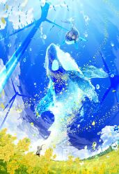  1girl blue_sky blurry bug butterfly clouds depth_of_field falling_petals field fish fisheye flower flower_field highres ladybug makoron117117 orca original petals sky water_drop wind_turbine yellow_flower 