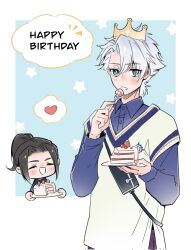  1boy 1girl aqua_eyes bleach bleach:_sennen_kessen-hen blue_shirt cake chibi chibi_inset closed_eyes commentary eating english_commentary food fork grey_hair happy_birthday heart high_ponytail highres hitsugaya_toushirou holding holding_fork holding_plate kurosaki_karin open_mouth plate ponytail shirt silegesi smile sweater_vest yellow_sweater_vest 