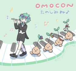  1boy alternate_costume antenna_hair basil_(headspace)_(omori) basil_(omori) black_shoes black_shorts black_suit bow bowtie castanets commentary_request double-parted_bangs flower flower_wreath flute green_bow green_bowtie green_eyes green_hair hair_between_eyes head_wreath highres holding holding_flute holding_instrument instrument long_sleeves male_focus music musical_note omori otamatone panyanonidaime piano_keys playing_flute playing_instrument shoes short_hair shorts sidelocks socks solo sprout_mole suit tambourine translation_request treble_clef twitter_username white_socks 