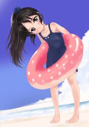  1girl bare_shoulders barefoot beach black_eyes black_hair blue_dress blue_sky blush commentary_request dress flat_chest full_body head_tilt highres idolmaster idolmaster_cinderella_girls innertube long_hair looking_at_viewer ocean ponytail shin_fuj sky smile solo swim_ring tachibana_arisu water 