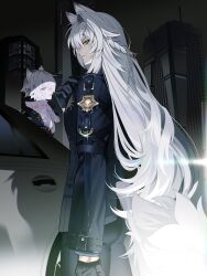  2boys absurdres animal_ear_fluff animal_ears black_gloves black_jacket black_pants brothers building car cat_boy cat_ears cat_tail colored_tips commentary cowboy_shot fluffy_tail from_side gloves half_gloves highres jacket long_hair looking_at_viewer male_focus motor_vehicle multicolored_hair multiple_boys naru9 open_mouth pants parted_lips police police_badge police_uniform policeman seth_lowell severian_lowell shadow short_hair siblings skyscraper tail untranslatable_commentary violet_eyes white_hair white_tail yellow_eyes zenless_zone_zero 