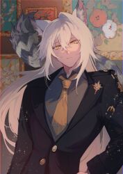  1boy animal_ear_fluff animal_ears black_jacket cat_boy cat_ears cat_tail closed_mouth commentary_request crossed_bangs grey_shirt grey_tail hair_between_eyes hand_on_own_hip highres jacket long_hair looking_at_viewer male_focus necktie painting_(object) police_badge severian_lowell shirt solo szpw_nmh3 tail upper_body white_hair yellow_eyes yellow_necktie zenless_zone_zero 