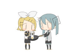  2girls :d :o bad_id bad_tumblr_id black_sailor_collar black_shorts blonde_hair blue_hair bow broken_egg cooking cracked_egg deformed detached_sleeves egg_(food) egg_yolk eggshell food frying_pan hair_bow hair_ornament hairclip hatsune_miku holding holding_food holding_frying_pan kagamine_rin large_bow long_sleeves multiple_girls necktie no_nose parallel_hairclips parted_lips pleated_skirt sailor_collar short_hair shorts simple_background skirt smile standing torla16 twintails vocaloid white_background white_bow |_| 