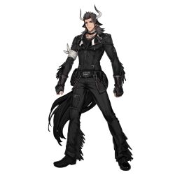  1boy animal_ears arknights black_jacket brown_eyes brown_hair cow_boy cow_ears cow_horns cow_tail earrings full_body horns jacket jewelry leather leather_jacket looking_at_viewer male_focus matterhorn_(arknights) medium_hair official_art pectorals ryuuzaki_ichi solo tail toned toned_male 