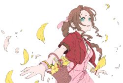  1girl aerith_gainsborough arm_belt bangle basket bracelet braid braided_ponytail breasts brown_hair choker commentary_request cropped_jacket dress falling_petals final_fantasy final_fantasy_vii final_fantasy_vii_remake flower flower_basket flower_choker green_eyes hair_ribbon highres holding holding_basket jacket jewelry lily_(flower) long_hair medium_breasts parted_bangs parted_lips petals pink_dress pink_flower pink_ribbon red_jacket ribbon ringon short_sleeves sidelocks single_braid solo upper_body white_background white_petals yellow_flower yellow_petals 