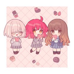  3girls :o ^_^ ahoge blue_jacket blue_skirt brown_hair candy chibi chibi_only chocolate closed_eyes commentary_request fate/extra fate/grand_order fate_(series) food fujimaru_ritsuka_(female) glasses grey_hair grey_jacket grey_skirt grey_sweater hand_in_pocket heart heart-shaped_chocolate heart-shaped_food highres holding holding_heart jacket kishinami_hakuno_(female) koromo_(osakana0525) mash_kyrielight medium_hair multiple_girls orange_eyes plaid_clothes plaid_skirt pleated_skirt red_hair school_uniform skirt smile sweater valentine 
