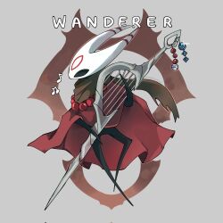  1girl arthropod_girl bead_necklace beads black_eyes black_skin brown_scarf cape cloak colored_skin crest_(hollow_knight) dice english_text full_body grey_background harp highres holding hollow_eyes hollow_knight hollow_knight:_silksong horned_mask hornet_(hollow_knight) horns instrument jewelry mask miikrowelle music musical_note necklace needolin_(hollow_knight) playing_instrument red_cape red_cloak rosary scarf solo sparkle spoken_musical_note white_mask 