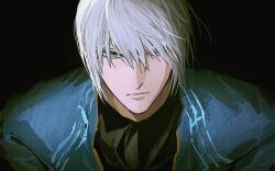  1boy black_background black_shirt blue_eyes blue_jacket closed_mouth commentary_request devil_may_cry_(series) devil_may_cry_3 jacket korean_commentary looking_at_viewer male_focus open_clothes open_jacket psomuq shirt simple_background solo upper_body vergil_(devil_may_cry) white_hair 