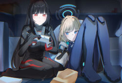  2girls black_bodysuit black_hair black_halo blonde_hair blue_archive blue_bodysuit blue_halo blue_streaks bodysuit bright_pupils commentary_request controller halo highres holding holding_controller impossible_clothes knees_up latex latex_bodysuit leonardo_566 lying multicolored_halo multiple_girls official_alternate_costume official_alternate_hairstyle on_back red_eyes ringed_eyes rio_(armed)_(blue_archive) rio_(blue_archive) sitting skin_tight toki_(armed)_(blue_archive) toki_(blue_archive) two-tone_halo wariza white_pupils 