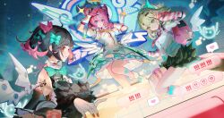  3girls absurdres angels_of_delusion aqua_streaks aria_(zenless_zone_zero) arm_warmers bandaid bandaid_hair_ornament bare_back black_hair black_skirt blue_eyes bow collared_shirt colored_inner_hair commentary_request dress fingerless_gloves fur-trimmed_skirt fur-trimmed_sleeves fur_trim gloves green_bow green_eyes green_hair green_halo hair_bow hair_ornament halo highres leg_warmers looking_at_viewer multicolored_hair multiple_girls multiple_hair_clips multiple_thigh_straps nangong_yu necktie pink_arm_warmers pink_bag pink_gloves pink_leg_warmers puffy_short_sleeves puffy_sleeves red_eyes red_nails red_necktie renyikouminhe shirt short_sleeves short_twintails skirt smile streaked_hair striped_arm_warmers striped_leg_warmers sunna_(zenless_zone_zero) thigh_strap twintails v white_dress white_shirt white_wings winged_bag wings y2k_fashion zenless_zone_zero 