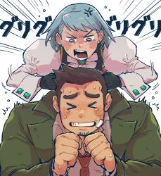  >_< 1boy 1girl absurdres ace_attorney anger_vein angry black_gloves black_hair black_vest blue_eyes blue_hair bow bowtie brooch clenched_teeth collared_shirt dick_gumshoe earrings franziska_von_karma gloves green_jacket grey_shirt hands_up highres holding holding_pencil jacket jewelry juliet_sleeves long_sleeves necktie open_mouth pencil puffy_sleeves red_necktie shirt short_hair sweat tears teeth upper_body v-shaped_eyebrows vest white_background white_bow yowasabimechaoc 