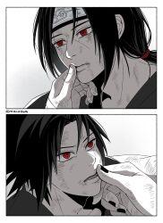  2boys adam's_apple border brothers closed_mouth commentary_request dirty dirty_face finger_to_another's_mouth forehead_protector hair_tie highres konohagakure_symbol korean_commentary lips long_hair low_ponytail male_focus metalofyang multiple_boys nail_polish naruto_(series) naruto_shippuuden open_mouth ponytail red_eyes sharingan short_hair siblings twitter_username uchiha_itachi uchiha_sasuke white_border 