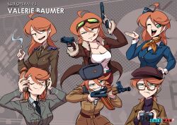  1girl absurdres aks-74u assault_rifle black_necktie blue_jacket brown_hair brown_jacket camera cigarette commentary_request dual_wielding english_commentary flight_attendant fur-trimmed_jacket fur_trim garrison_cap green_eyes green_jacket green_necktie gun hammer_and_sickle handgun hat highres holding holding_camera holding_cigarette jacket kalashnikov_rifle makarov_pm military_uniform multiple_views necktie nico_jiang reference_sheet rifle shirt smile stasi striped_clothes striped_shirt telnyashka travel_attendant valerie_konstanz we_love_cold_war weapon white_shirt 