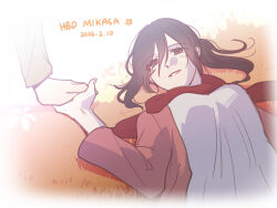  1boy 1girl birthday black_hair breasts cardigan dated eren_yeager hair_between_eyes happy_birthday hashtag-only_commentary high_ponytail highres holding_hands long_sleeves looking_at_another lying mikasa_ackerman on_back open_cardigan open_clothes out_of_frame parted_lips pink_cardigan ponytail rakji red_scarf scar scar_on_cheek scar_on_face scarf shingeki_no_kyojin shirt smile upper_body white_shirt 