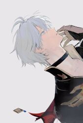  2boys antenna_hair black_choker black_shirt blue_eyes cape choker clawed_gauntlets from_side grey_background hashtag-only_commentary highres honkai:_star_rail honkai_(series) male_focus multiple_boys mydei_(honkai:_star_rail) neck_tattoo parted_bangs phainon_(honkai:_star_rail) profile red_cape sanguinebrew shirt short_hair sideways solo_focus sun_symbol sun_tattoo tattoo white_hair 