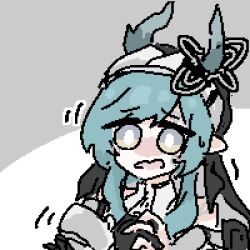  1girl arknights arknights:_endfield bare_shoulders black_gloves black_hat blue_hair double-parted_bangs dragon_horns gloves grape_(grayp) grey_background grey_eyes grey_horns hair_ornament hat high_collar horns jaggy_lines long_hair long_sidelocks lowres multicolored_eyes nervous open_mouth own_hands_clasped own_hands_together pointy_ears scared sidelocks simple_background single_glove solo sweatdrop swept_bangs thick_eyelashes two-tone_eyes upper_body wavy_mouth white_background worried xaihi_(arknights) yellow_eyes 